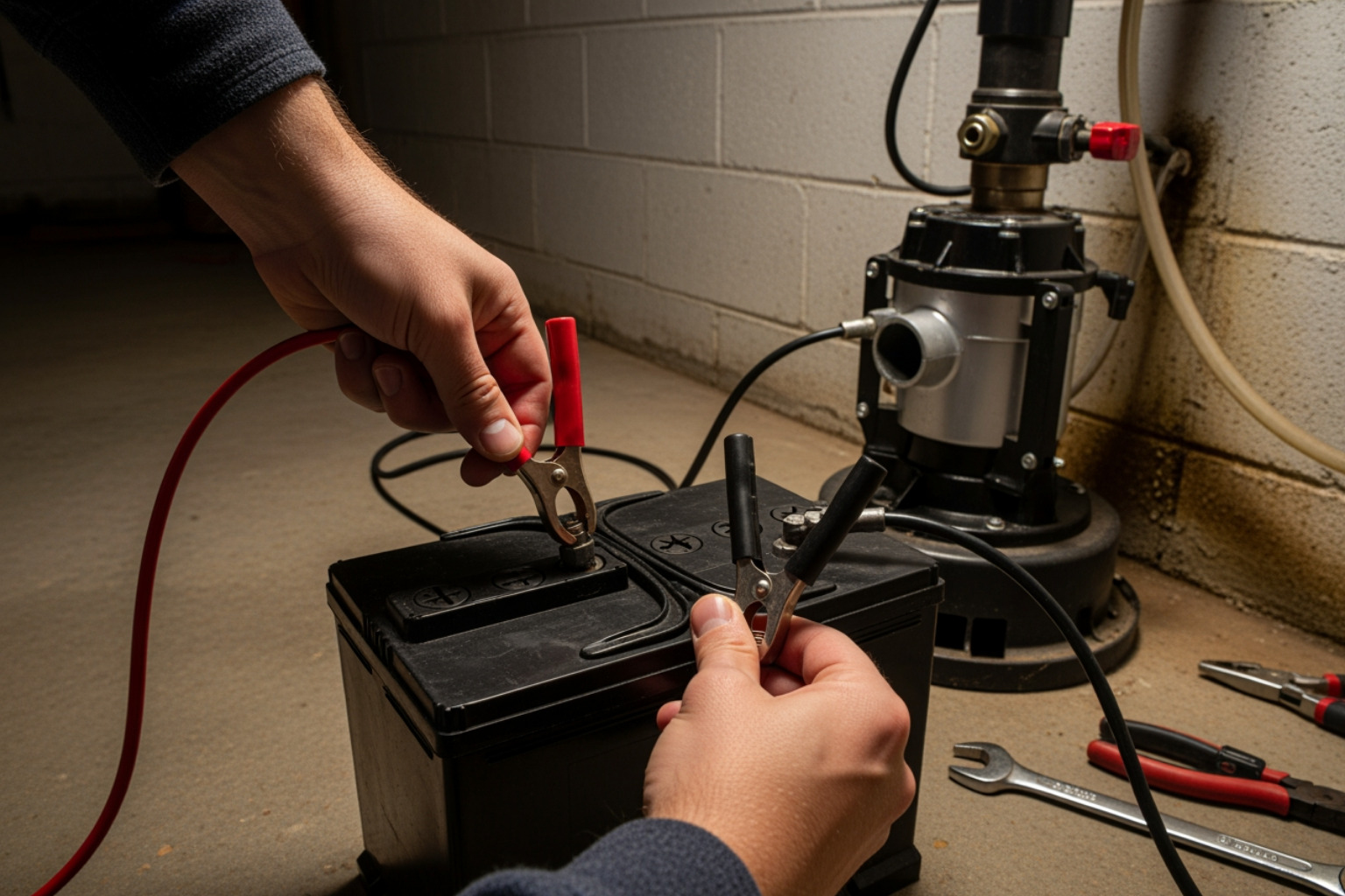Connecting battery cables to terminals - connect battery to sump pump
