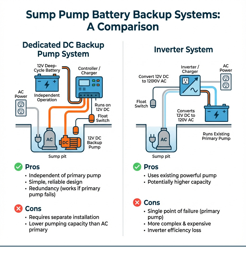 Infographic comparing two battery backup systems: Left side shows 'Dedicated DC Backup Pump System' with a 12V DC pump, battery, controller, and float switch working independently alongside the primary AC pump. Right side shows 'Inverter System' with an inverter converting 12V DC battery power to 120V AC to run the existing primary pump during outages. Includes pros and cons for each system. - connect battery to sump pump infographic 