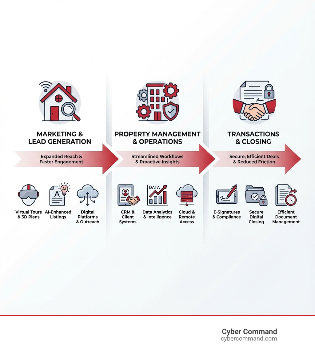 infographic showing IT impact across real estate lifecycle from marketing through property management to transactions - it for real estate infographic 