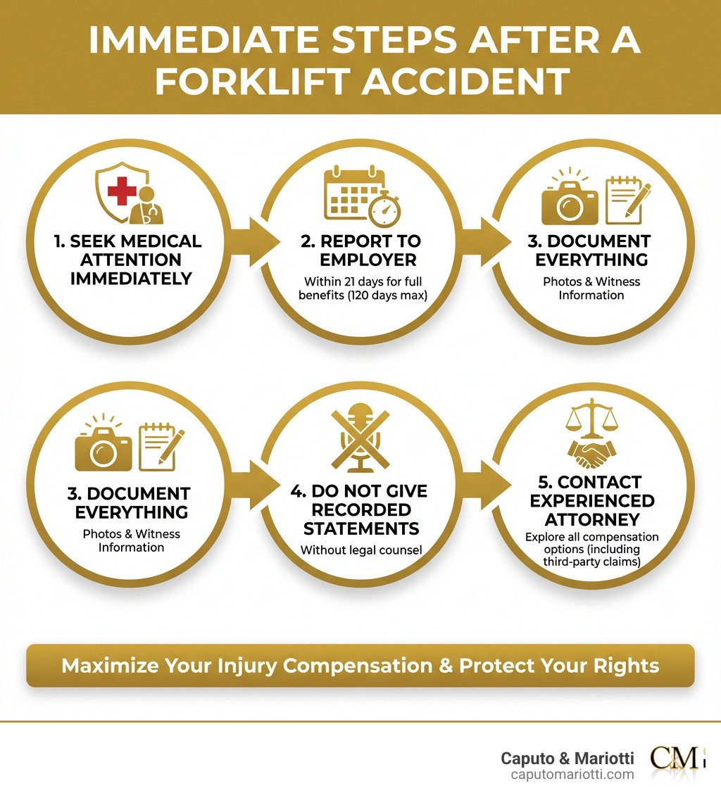 Infographic showing immediate steps after a forklift accident: 1. Seek medical attention immediately, 2. Report to employer within 21 days for full workers' comp benefits (120 days maximum), 3. Document everything with photos and witness information, 4. Do not give recorded statements without legal counsel, 5. Contact an experienced attorney to explore all compensation options including third-party claims - forklift injury compensation infographic 