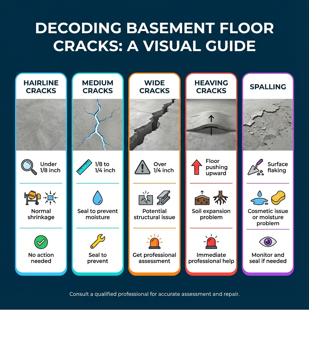 Infographic showing types of basement floor cracks: hairline cracks (under 1/8 inch, normal shrinkage, no action needed), medium cracks (1/8 to 1/4 inch, seal to prevent moisture), wide cracks (over 1/4 inch, potential structural issue, get professional assessment), heaving cracks (floor pushing upward, soil expansion problem, immediate professional help), and spalling (surface flaking, cosmetic issue or moisture problem, monitor and seal if needed) - cracks in basement floor infographic Infographic showing types of basement floor cracks: hairline cracks (under 1/8 inch, normal shrinkage, no action needed), medium cracks (1/8 to 1/4 inch, seal to prevent moisture), wide cracks (over 1/4 inch, potential structural issue, get professional assessment), heaving cracks (floor pushing upward, soil expansion problem, immediate professional help), and spalling (surface flaking, cosmetic issue or moisture problem, monitor and seal if needed) - cracks in basement floor infographic