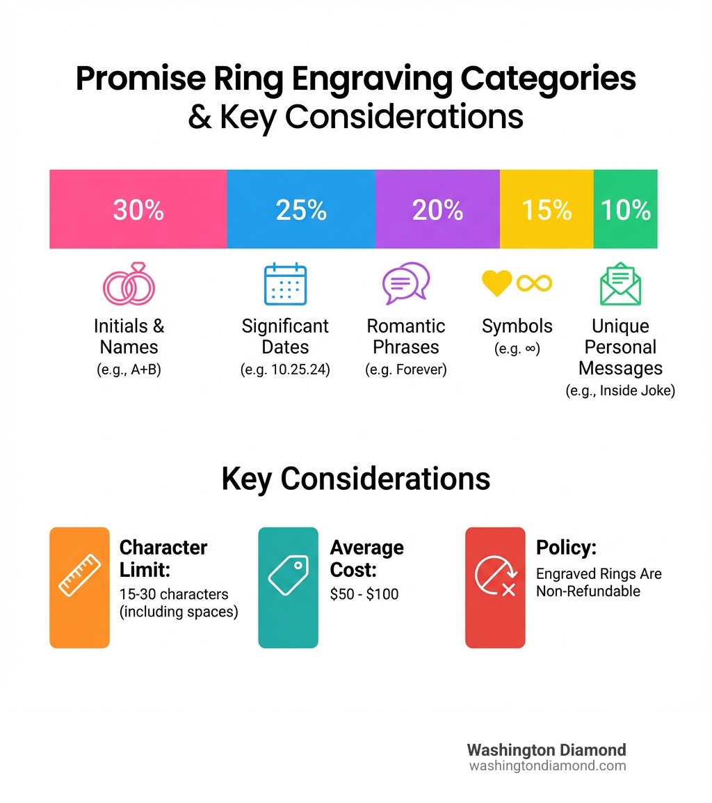 Infographic showing the top 5 engraving categories for promise rings: Initials and Names at 30%, Significant Dates at 25%, Romantic Phrases at 20%, Symbols at 15%, and Unique Personal Messages at 10%. Below shows key considerations: character limits of 15-30 characters, average cost of $50-100, and reminder that engraved rings are non-refundable - engravings for promise rings infographic 