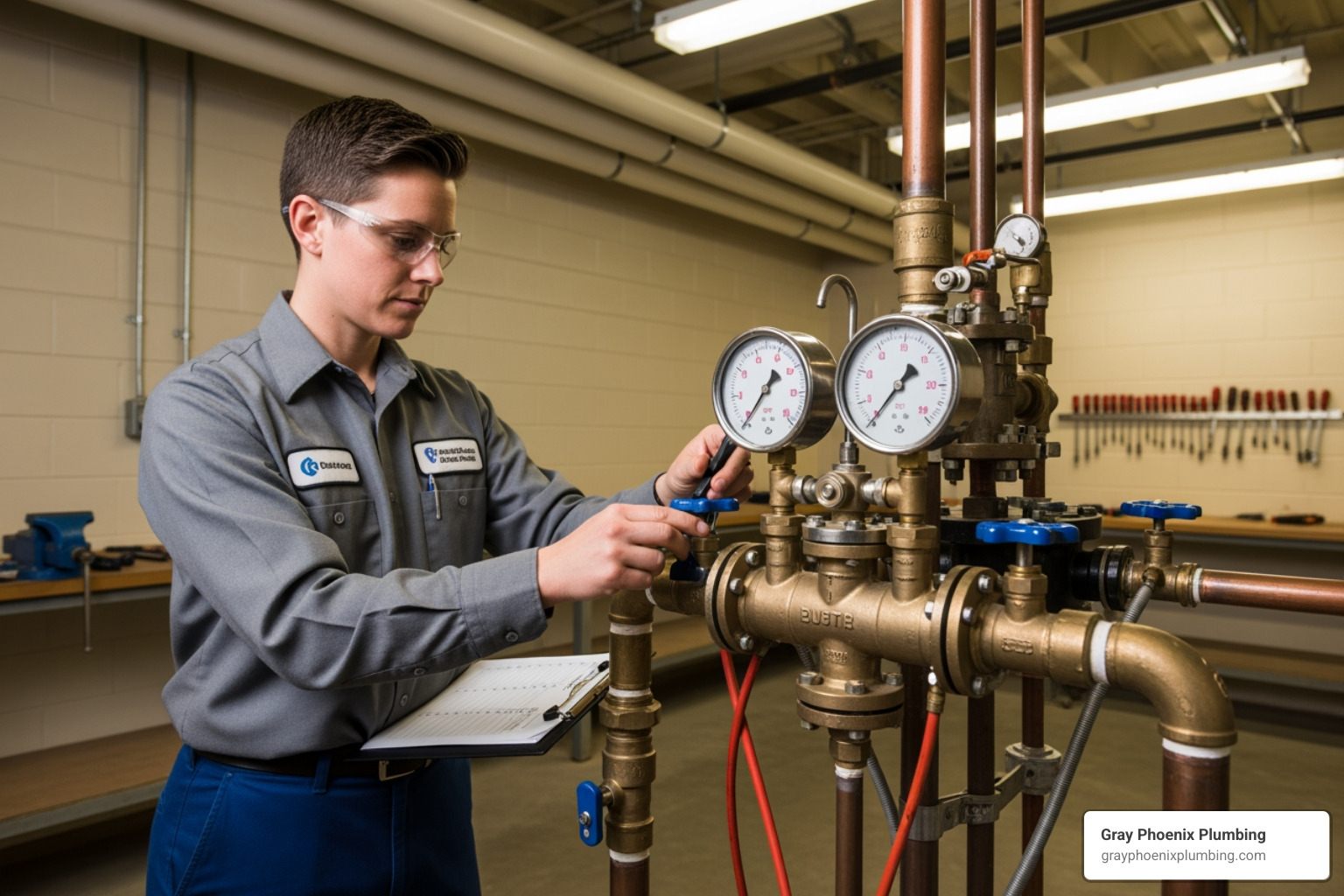 certified technician testing a backflow device with gauges - backflow testing Centennial certified technician testing a backflow device with gauges - backflow testing Centennial