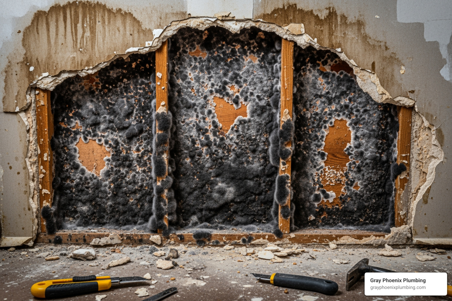 extensive mold growth on a wall behind removed drywall - leak detection Centennial