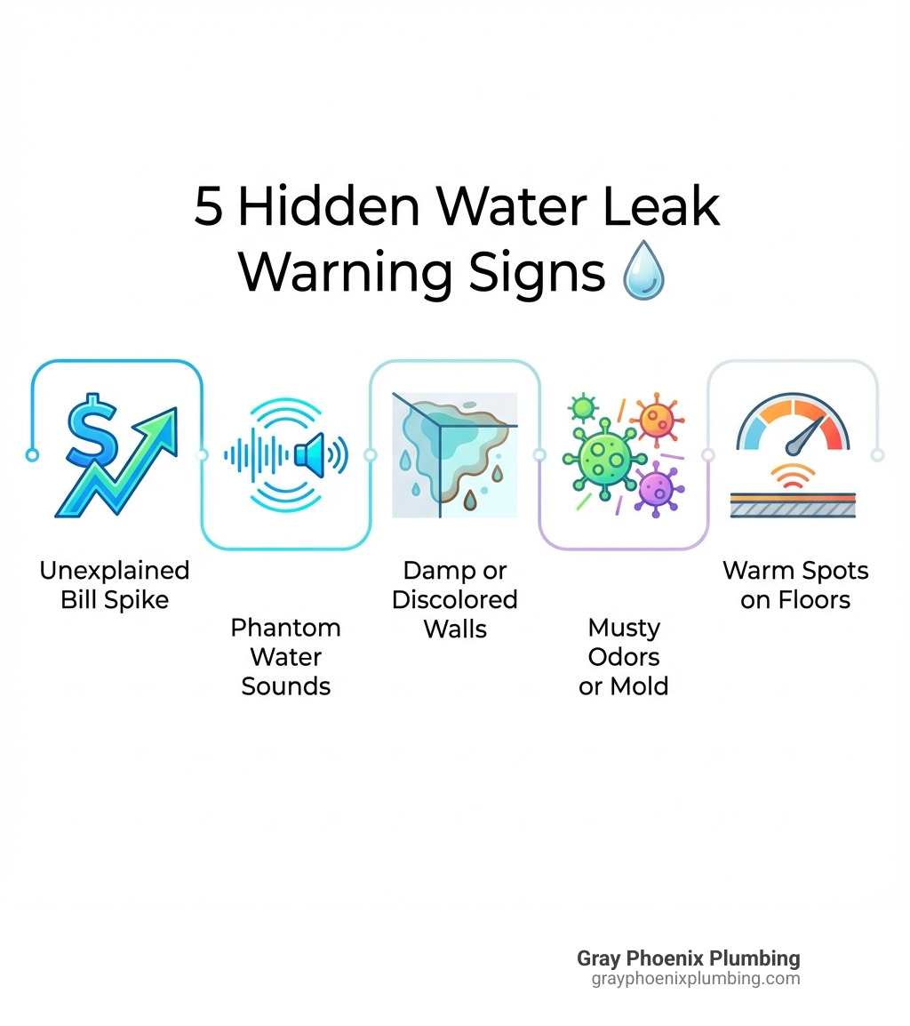 infographic showing five key warning signs of hidden water leaks: unexplained spike in water bill with dollar sign and upward arrow, sound of running water when fixtures are off with audio wave symbol, damp or discolored walls and ceilings with water stain illustration, musty odors or visible mold with mold spore icon, and warm spots on floors with temperature gauge - leak detection Centennial infographic 