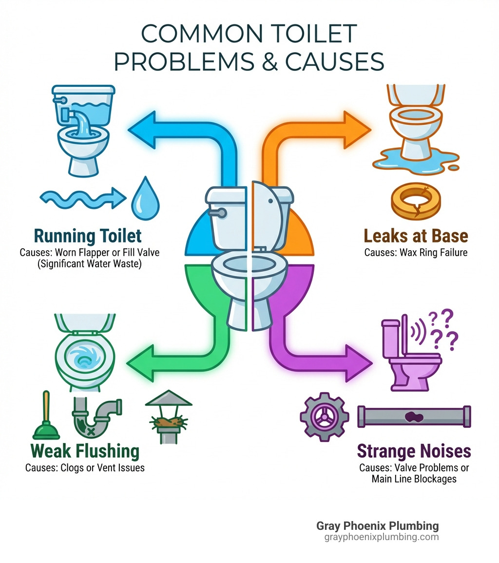 Infographic showing common toilet problems and their causes: running toilets caused by worn flappers or fill valves accounting for significant water waste, leaks at the base indicating wax ring failure, weak flushing suggesting clogs or vent issues, and strange noises pointing to valve problems or main line blockages - toilet repair Centennial infographic 