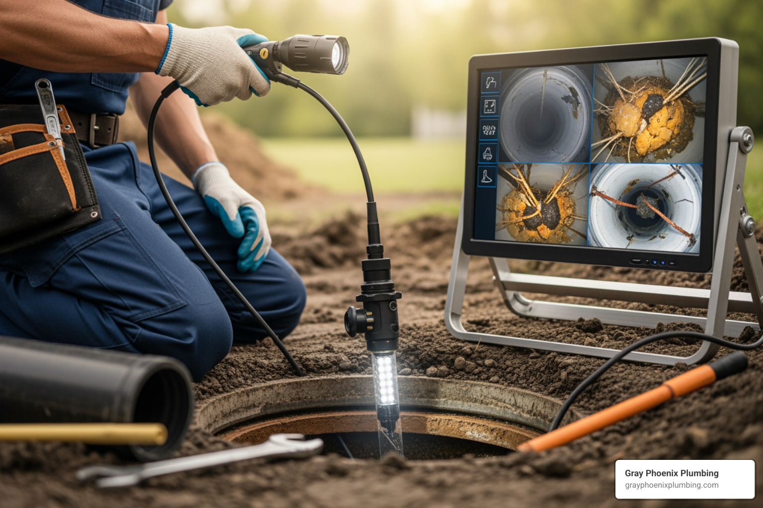 A plumber uses a video camera to inspect the inside of a sewer line, revealing blockages and pipe damage - commercial plumbing Centennial