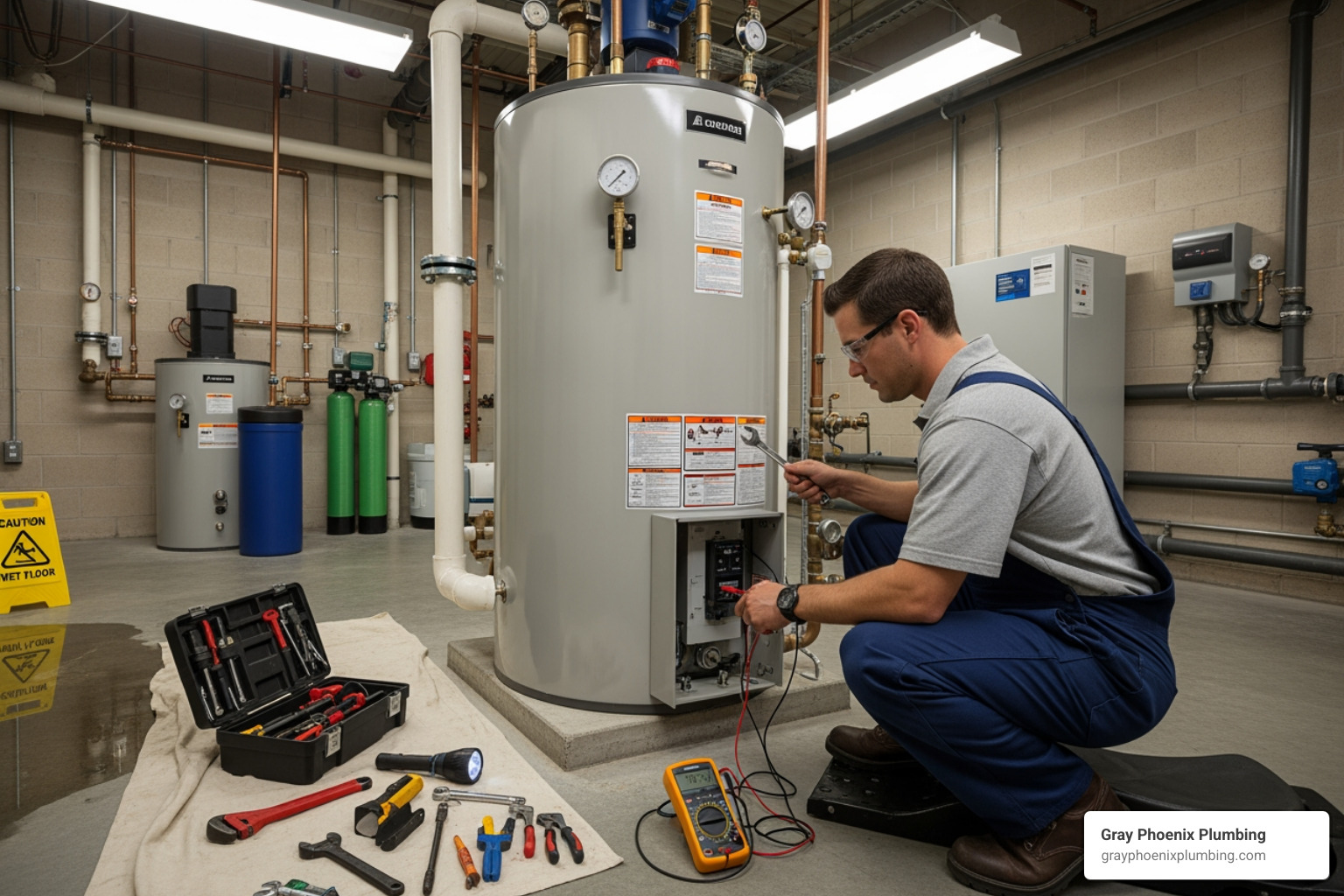 A commercial water heater being serviced by a technician, emphasizing regular maintenance - commercial plumbing Centennial