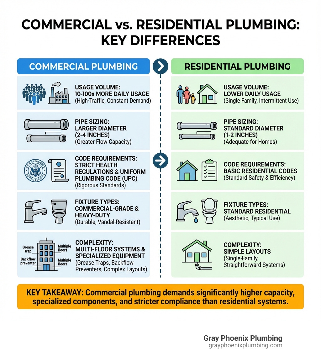 Infographic showing the key differences between commercial and residential plumbing systems, including usage volume (commercial handles 10-100x more daily usage), pipe sizing (commercial uses larger diameter pipes, often 2-4 inches vs residential 1-2 inches), code requirements (commercial must follow UPC and strict health regulations vs basic residential codes), fixture types (commercial-grade stainless steel and heavy-duty fixtures vs standard residential fixtures), and complexity (commercial features multi-floor systems, grease traps, backflow preventers vs simple single-family layouts) - commercial plumbing Centennial infographic 