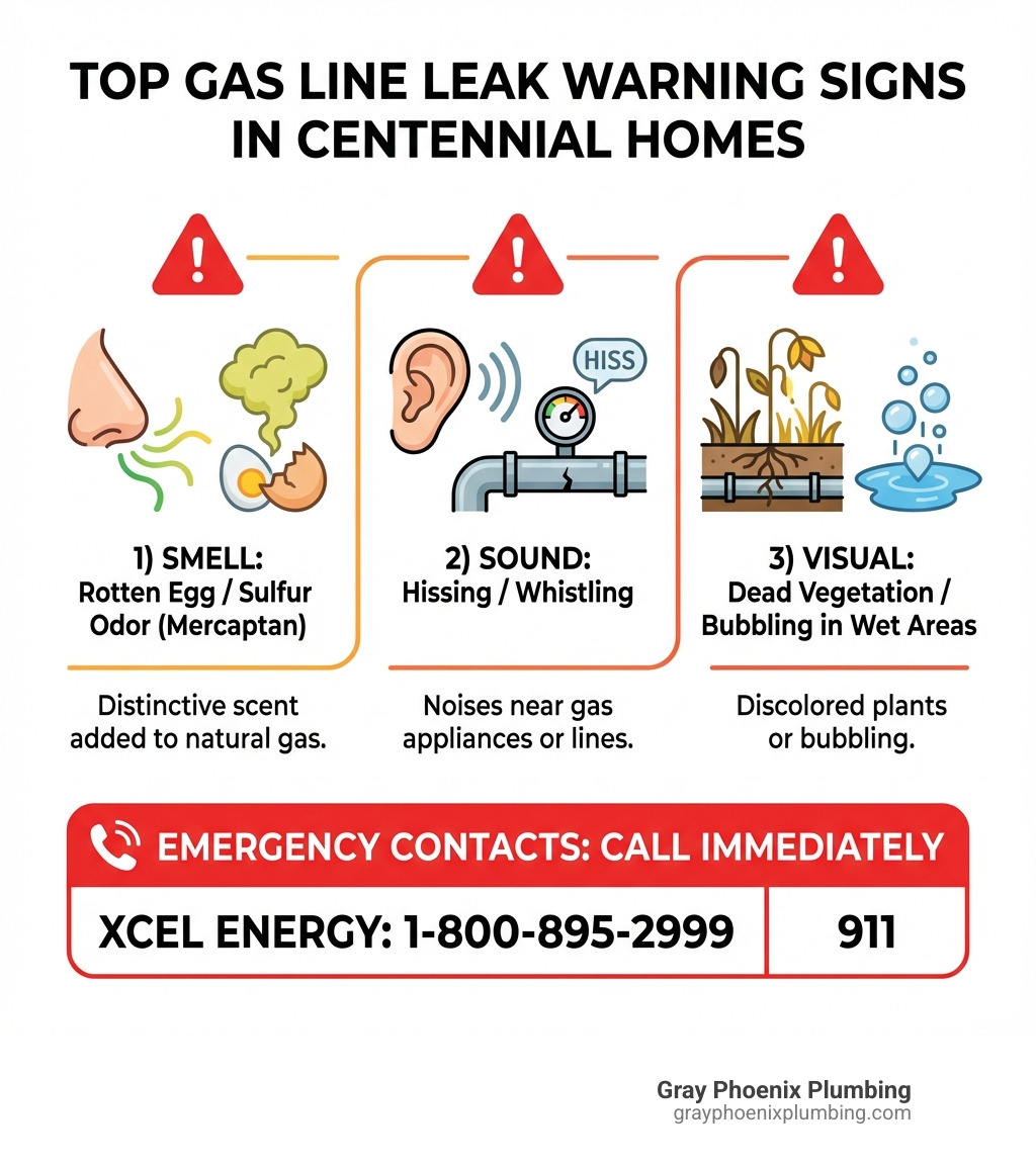 Infographic showing the top warning signs of a gas line leak in Centennial homes: 1) Smell - distinctive rotten egg or sulfur odor from mercaptan odorant added to natural gas, 2) Sound - hissing or whistling noises near gas appliances or lines indicating escaping gas, 3) Visual - dead, dying, or discolored vegetation near gas lines, plus bubbling in wet areas; includes emergency contact numbers for Xcel Energy (1-800-895-2999) and 911, with red warning icons and clear visual indicators - gas line repair Centennial infographic Infographic showing the top warning signs of a gas line leak in Centennial homes: 1) Smell - distinctive rotten egg or sulfur odor from mercaptan odorant added to natural gas, 2) Sound - hissing or whistling noises near gas appliances or lines indicating escaping gas, 3) Visual - dead, dying, or discolored vegetation near gas lines, plus bubbling in wet areas; includes emergency contact numbers for Xcel Energy (1-800-895-2999) and 911, with red warning icons and clear visual indicators - gas line repair Centennial infographic