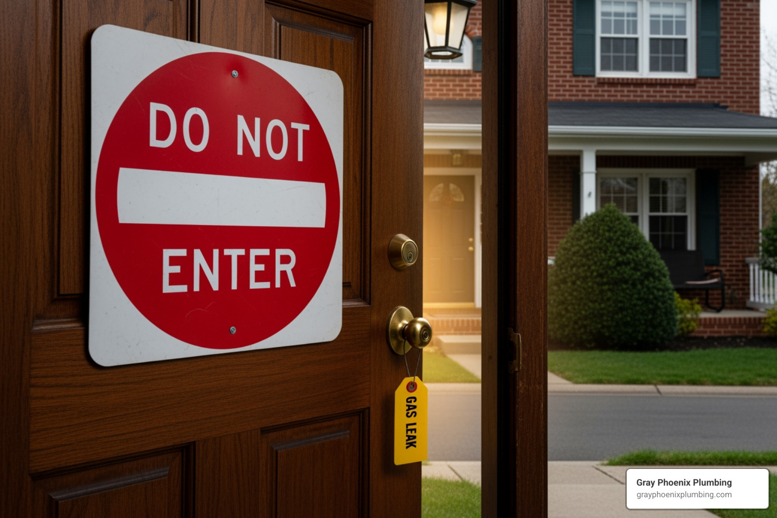 Do Not Enter sign on a front door for a gas leak scenario - gas line repair Centennial Do Not Enter sign on a front door for a gas leak scenario - gas line repair Centennial