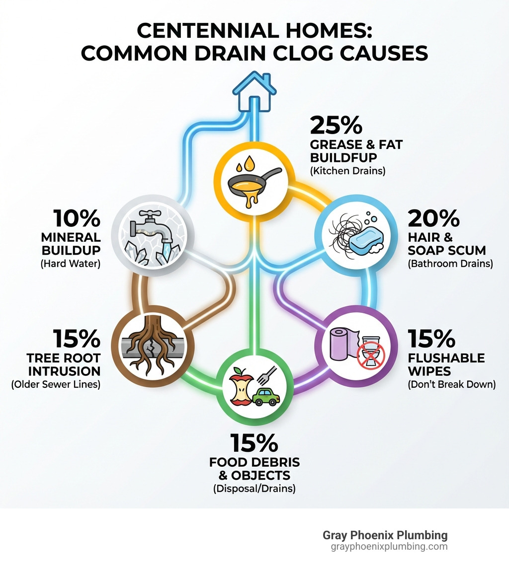 Infographic showing the most common causes of household drain clogs in Centennial homes, including grease and fat buildup in kitchen drains, hair and soap scum in bathroom drains, food debris and foreign objects, flushable wipes that don't break down, tree root intrusion in older sewer lines, and mineral buildup from hard water, with percentage breakdowns and visual icons for each cause - clogged drain Centennial infographic 