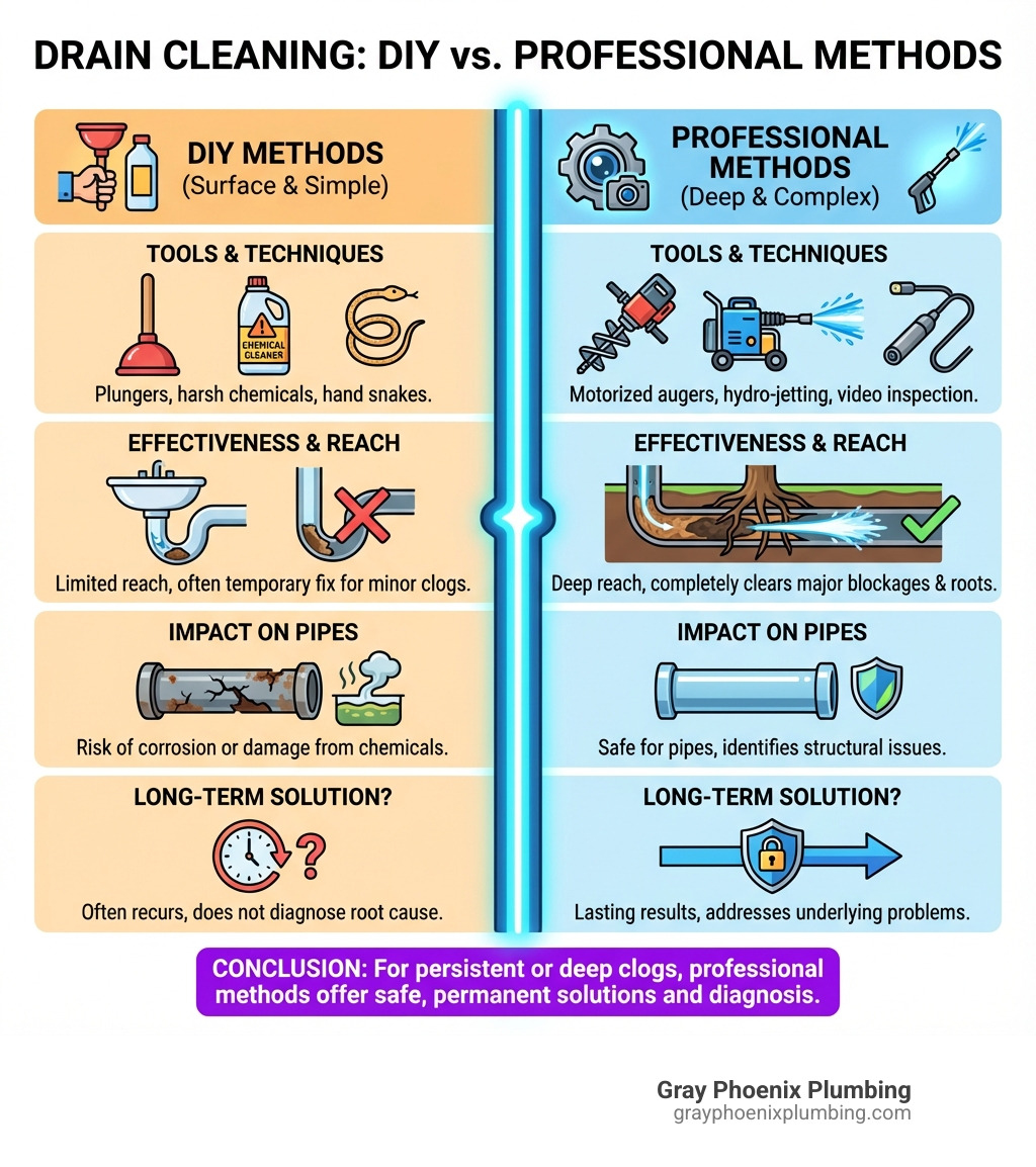 Table comparing DIY methods vs Professional methods for drain cleaning - clogged drain Centennial infographic 
