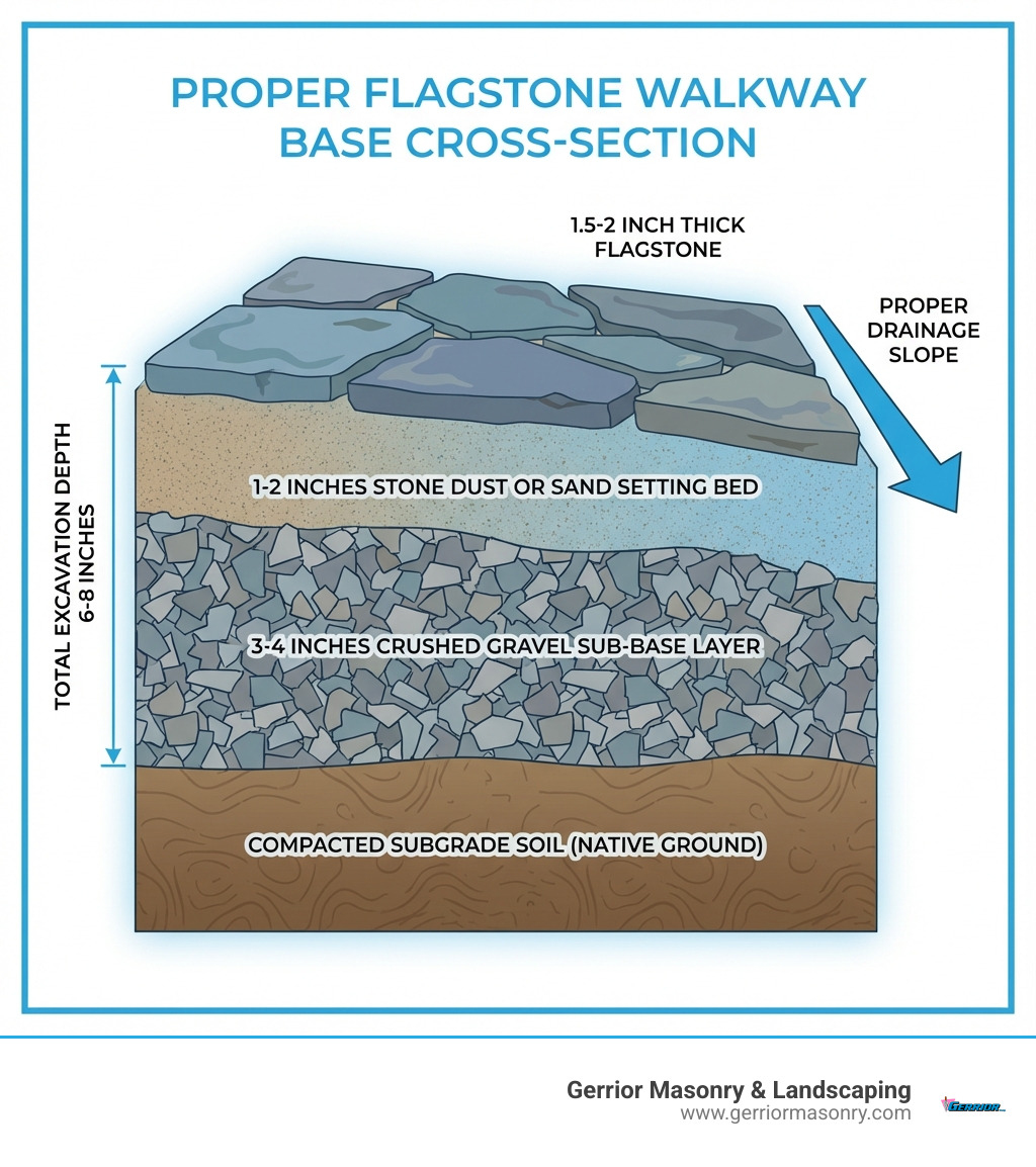 Detailed cross-section infographic showing the layers of a proper flagstone walkway base from bottom to top: compacted subgrade soil (native ground), 3-4 inches of crushed gravel sub-base layer, 1-2 inches of stone dust or sand setting bed, and 1.5-2 inch thick flagstone on top, with labels indicating proper drainage slope and total excavation depth of 6-8 inches - base for flagstone walkway infographic 