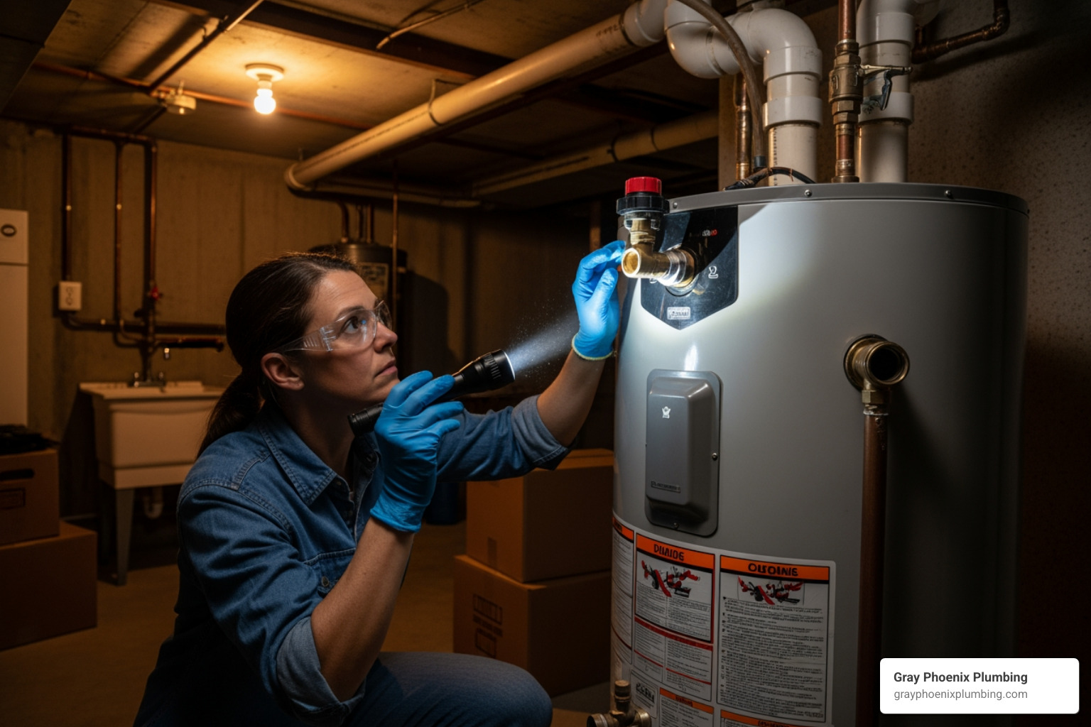 homeowner safely inspecting water heater - water heater maintenance Centennial homeowner safely inspecting water heater - water heater maintenance Centennial