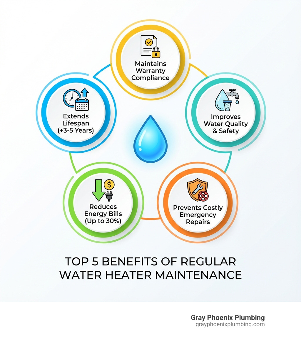 Infographic showing the top 5 benefits of regular water heater maintenance: 1) Extends lifespan by 3-5 years, 2) Reduces energy bills by up to 30%, 3) Prevents costly emergency repairs, 4) Improves water quality and safety, 5) Maintains manufacturer warranty compliance - water heater maintenance Centennial infographic Infographic showing the top 5 benefits of regular water heater maintenance: 1) Extends lifespan by 3-5 years, 2) Reduces energy bills by up to 30%, 3) Prevents costly emergency repairs, 4) Improves water quality and safety, 5) Maintains manufacturer warranty compliance - water heater maintenance Centennial infographic