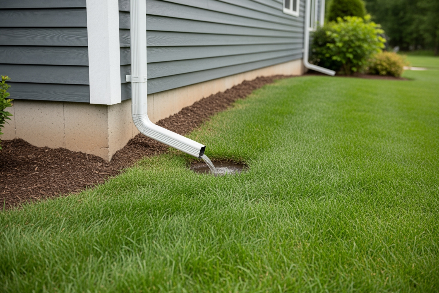 proper exterior grading and a downspout extension directing water away from a house - wet basement repair proper exterior grading and a downspout extension directing water away from a house - wet basement repair