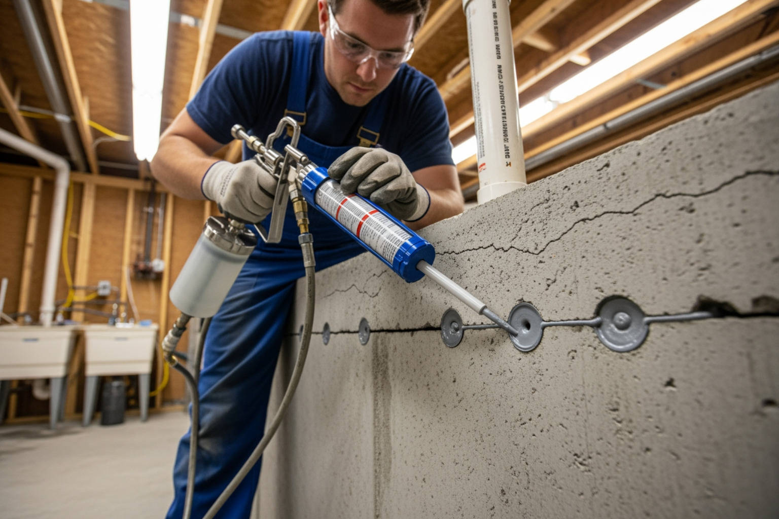 a technician using an injection system to seal a foundation crack - wet basement repair a technician using an injection system to seal a foundation crack - wet basement repair