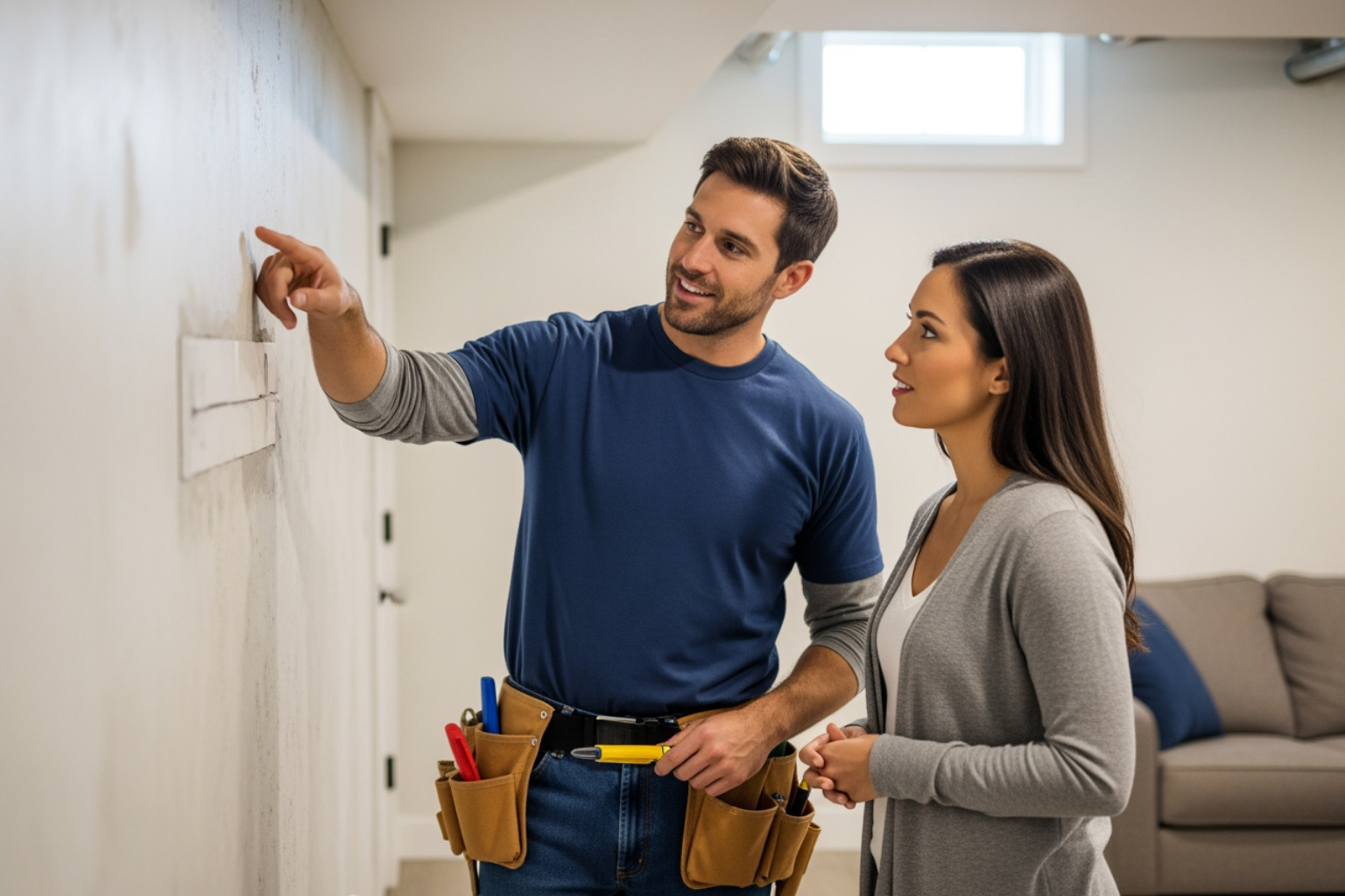 a friendly contractor inspecting a basement with a homeowner - wet basement repair a friendly contractor inspecting a basement with a homeowner - wet basement repair