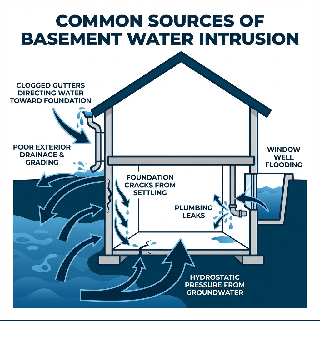 infographic showing the most common sources of basement water intrusion including hydrostatic pressure from groundwater, foundation cracks from settling, poor exterior drainage and grading, clogged gutters directing water toward the foundation, window well flooding, and plumbing leaks, with arrows indicating how water enters through walls and floors - basement leak repair infographic 