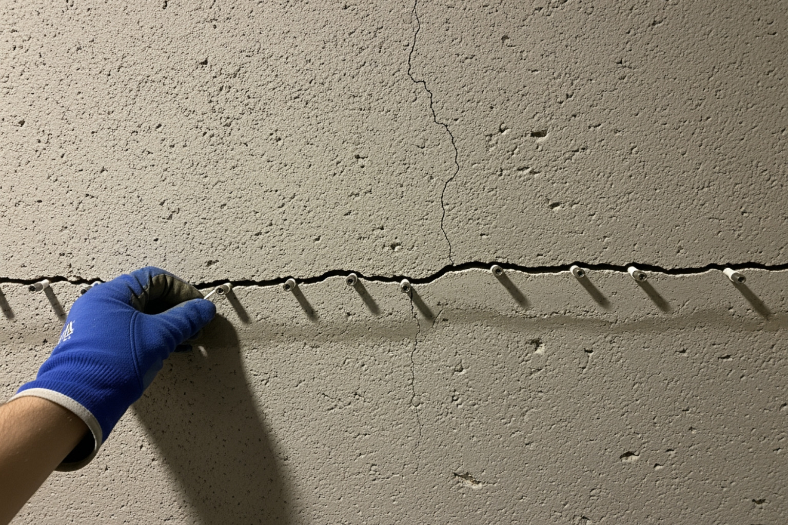 properly prepared crack with injection ports attached - Sealing basement wall cracks