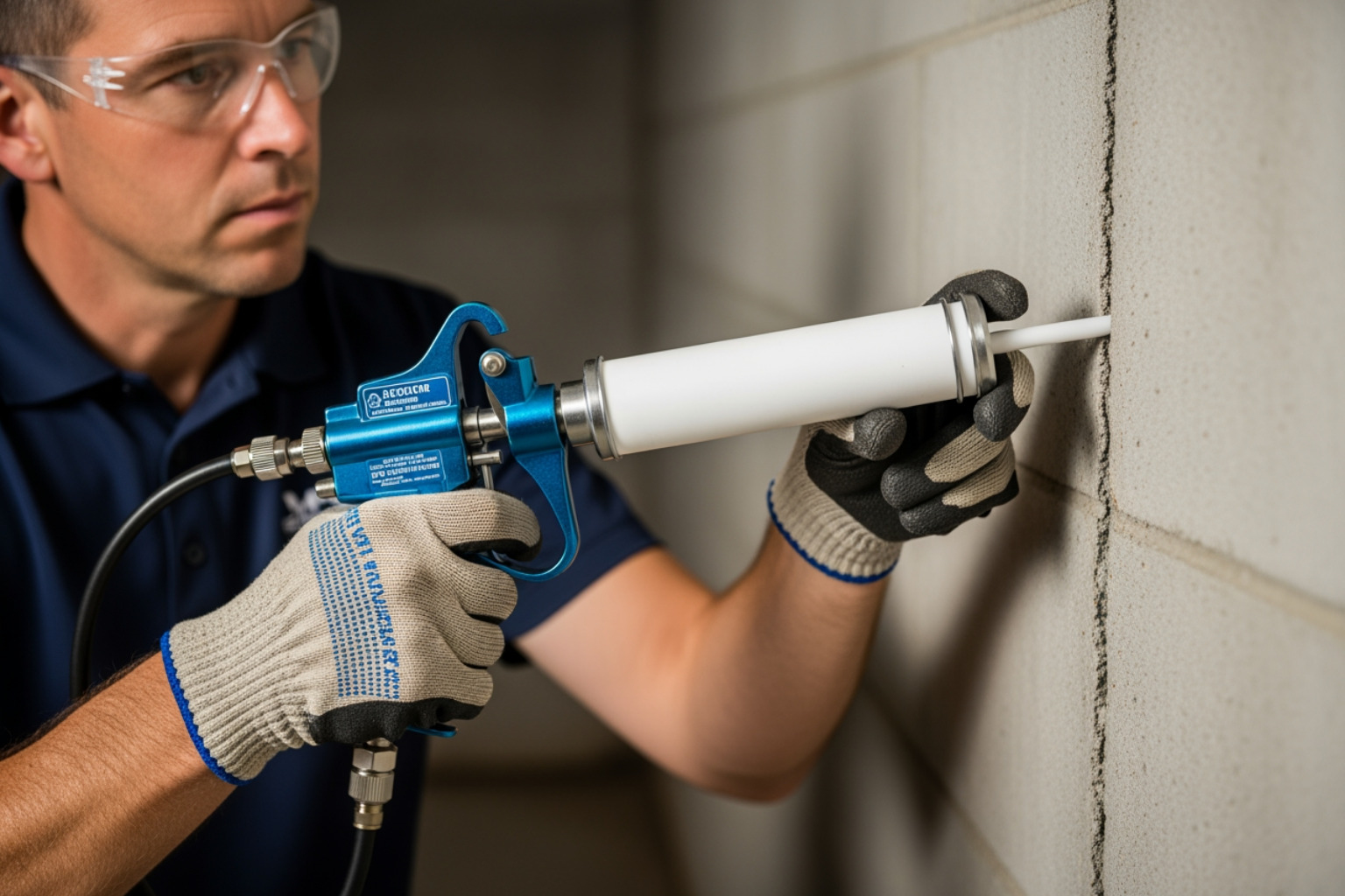 professional injecting polyurethane into a crack - Sealing basement wall cracks