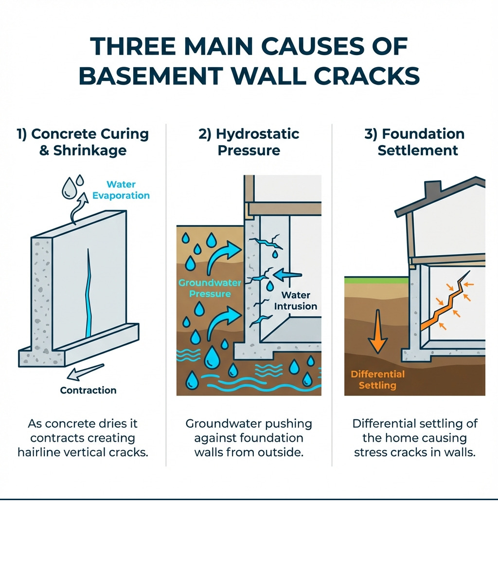 Infographic showing three main causes of basement wall cracks: 1) Concrete Curing and Shrinkage - as concrete dries it contracts creating hairline vertical cracks, 2) Hydrostatic Pressure - groundwater pushing against foundation walls from outside, 3) Foundation Settlement - differential settling of the home causing stress cracks in walls - Sealing basement wall cracks infographic 
