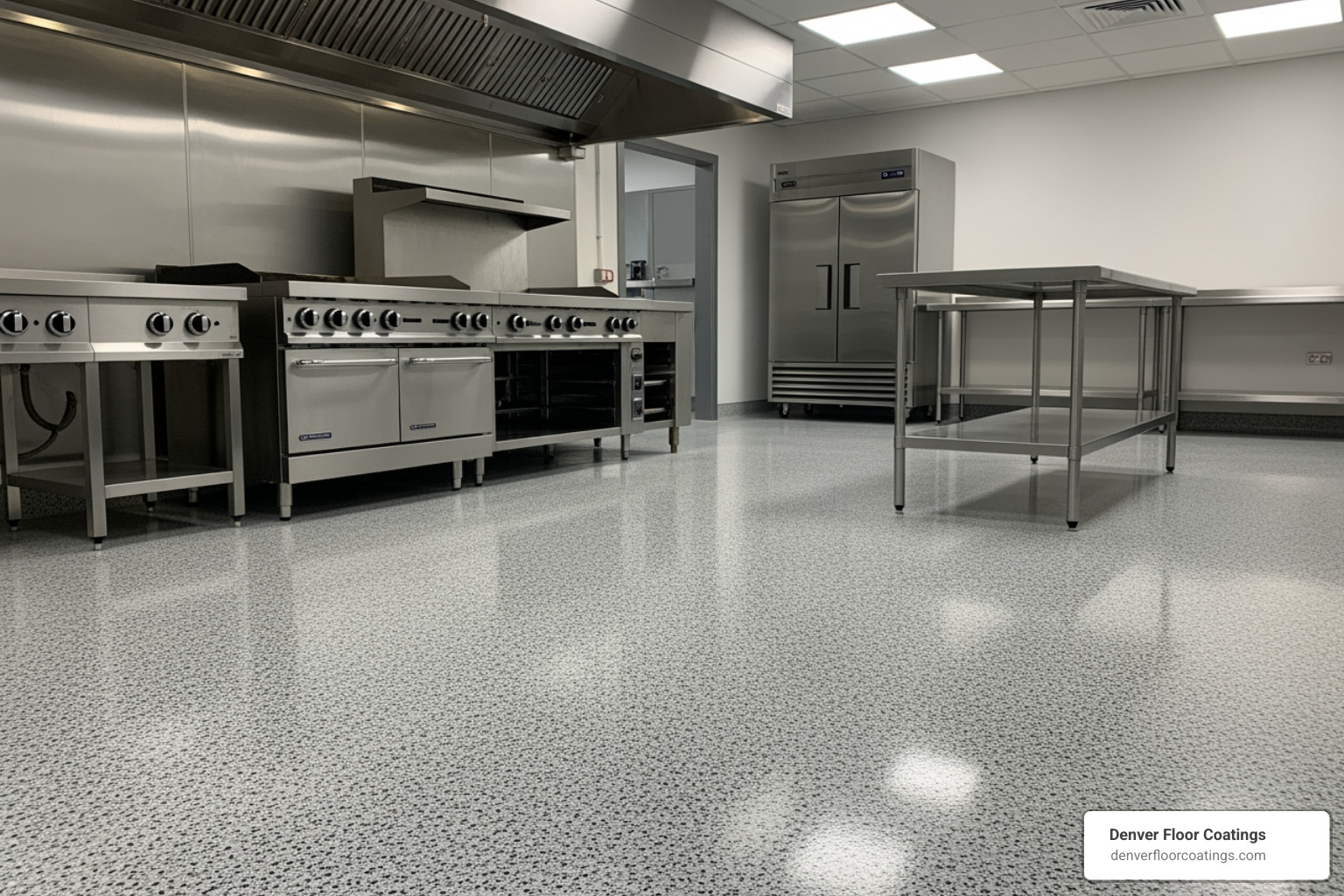 seamless epoxy flake floor in commercial kitchen - flooring for business