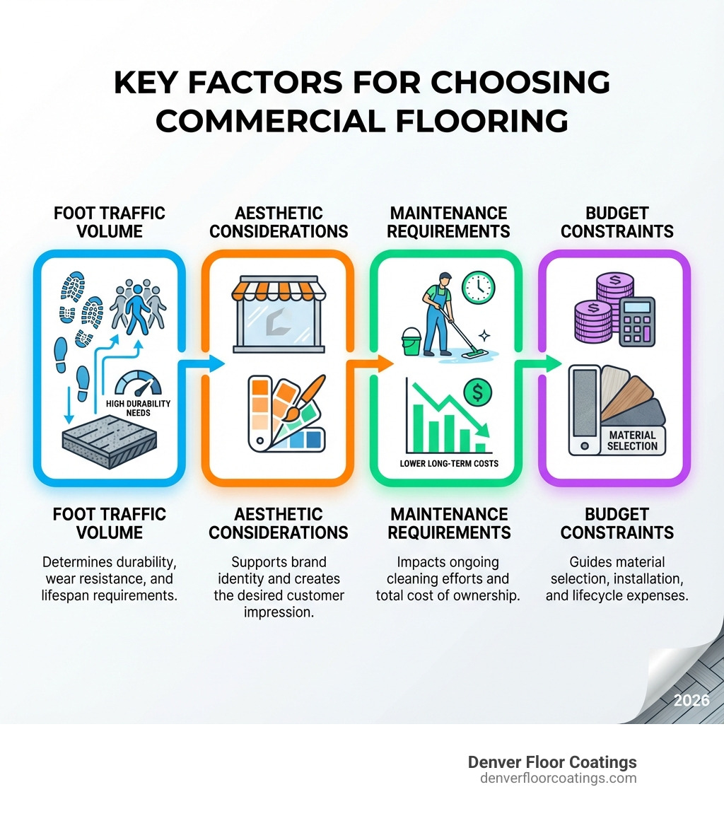 infographic showing four key factors for choosing commercial flooring: foot traffic volume determines durability needs, aesthetic considerations support brand identity, maintenance requirements impact long-term costs, and budget constraints guide material selection - flooring for business infographic 