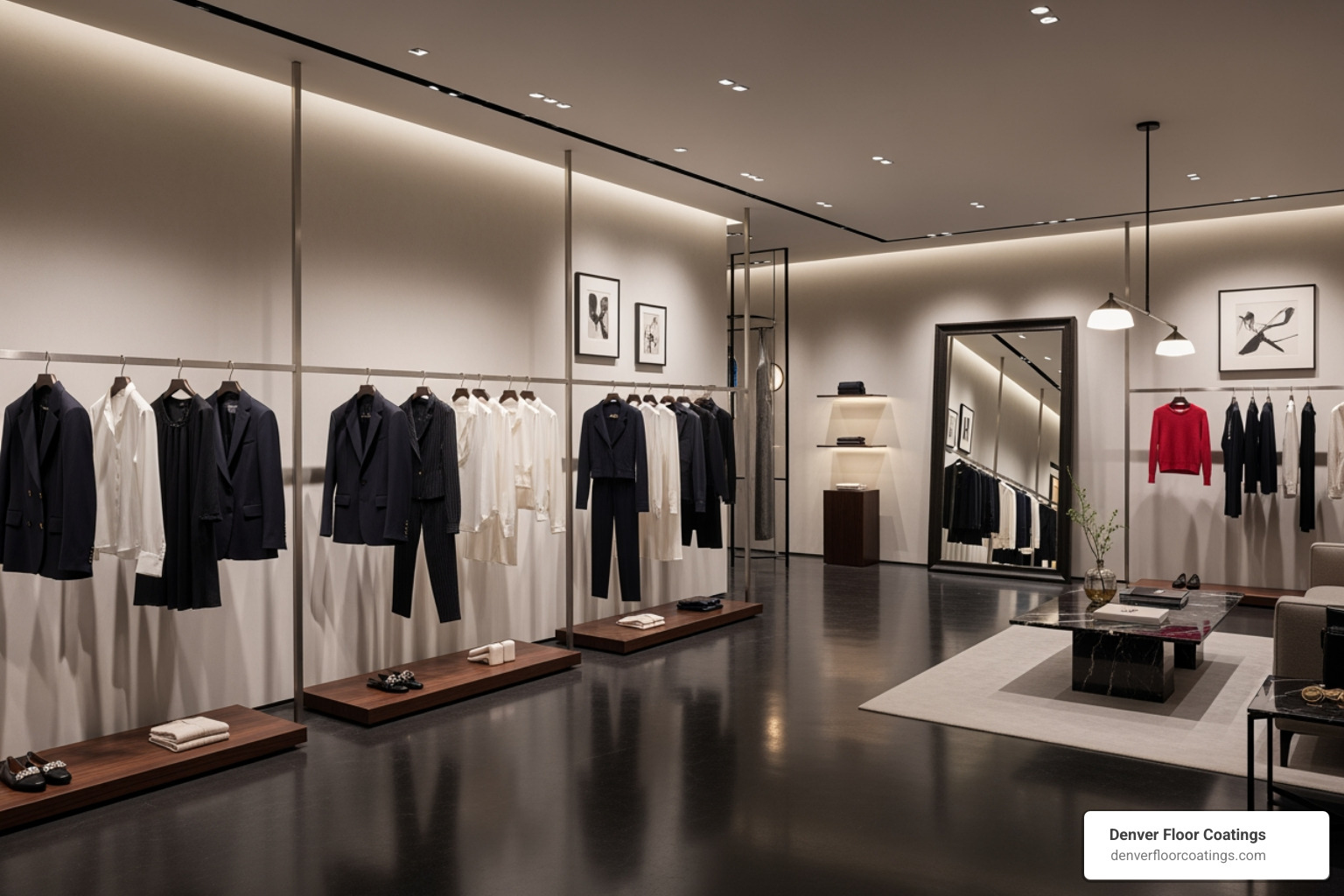 High-end boutique with a sleek, dark polished concrete floor - best type of flooring for retail store