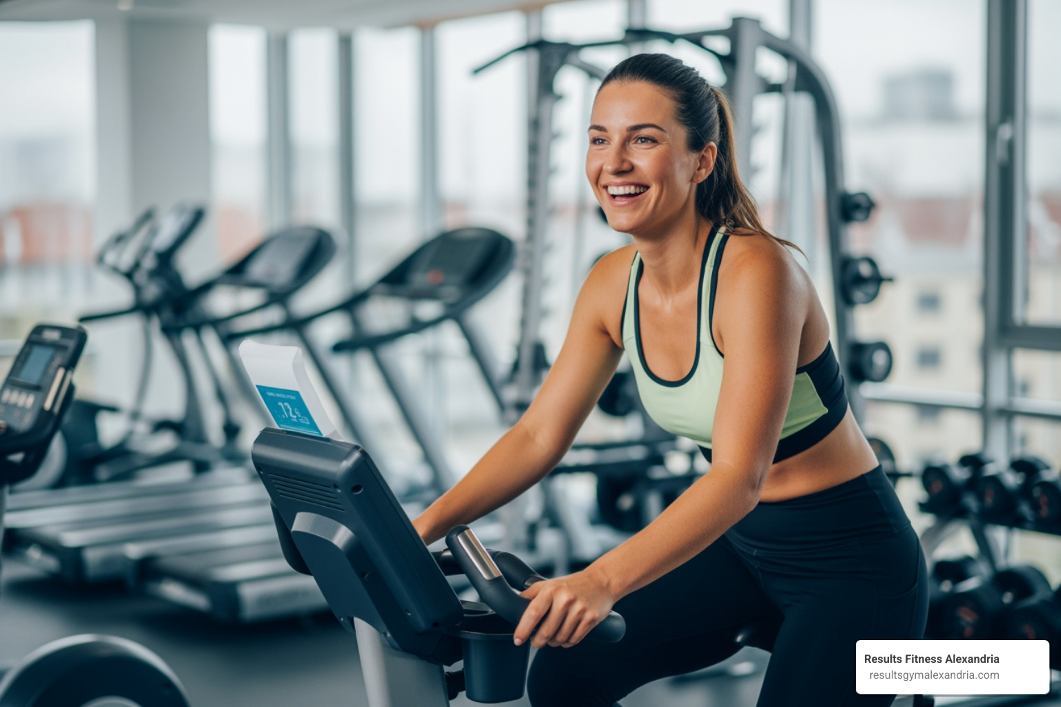 woman smiling on a stationary bike - Low impact exercise
