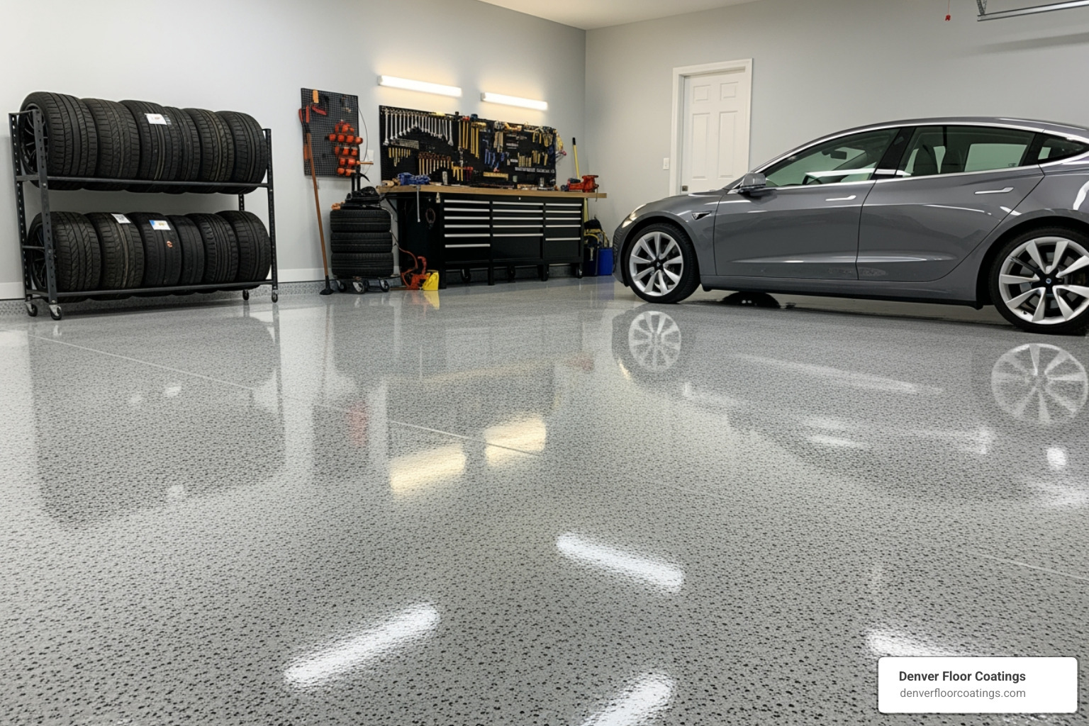 Clean, protected garage floor with polyaspartic coating - ice melt damage Clean, protected garage floor with polyaspartic coating - ice melt damage