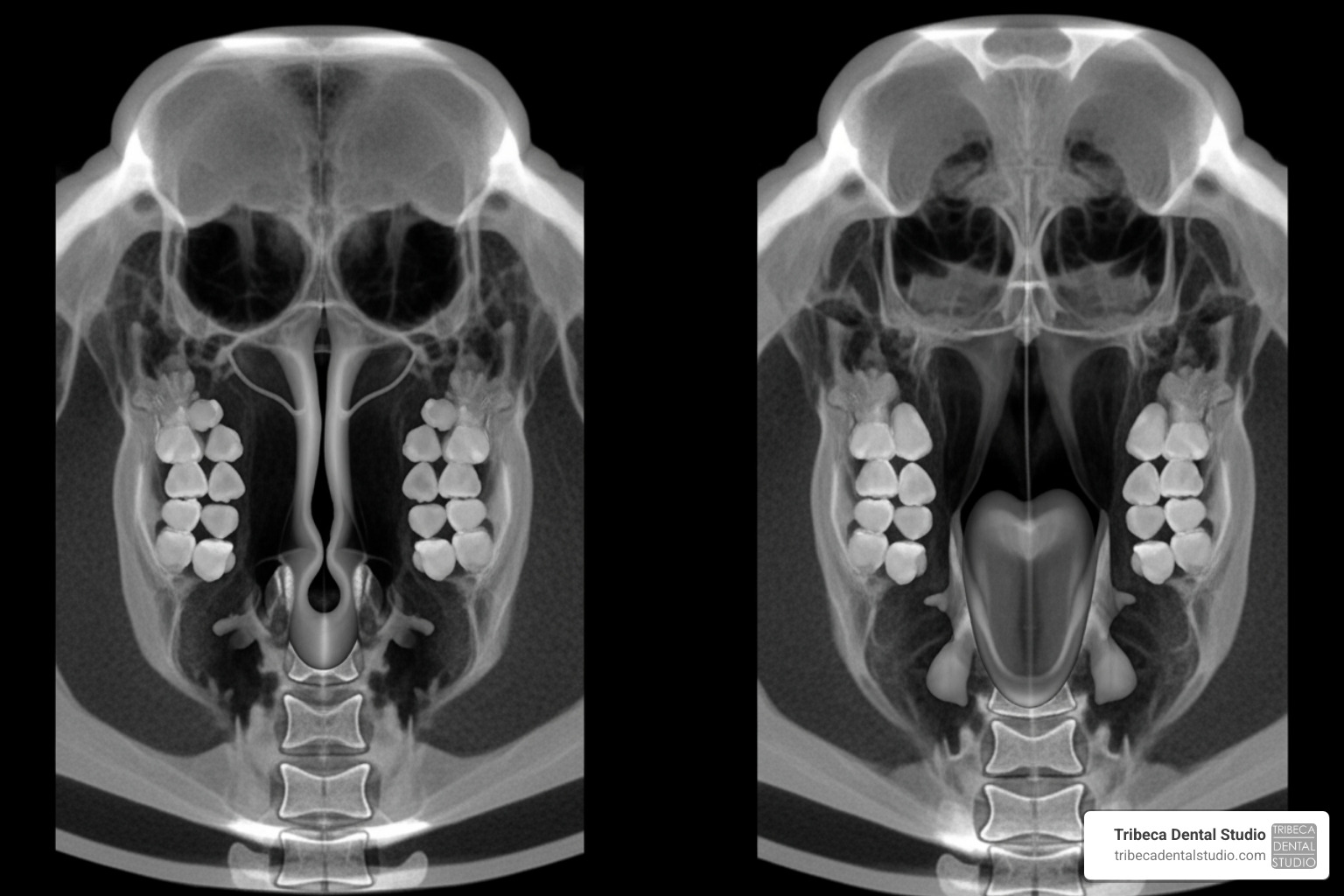 3D CBCT scan showing a narrow airway vs. a wide airway - airway orthodontics 3D CBCT scan showing a narrow airway vs. a wide airway - airway orthodontics