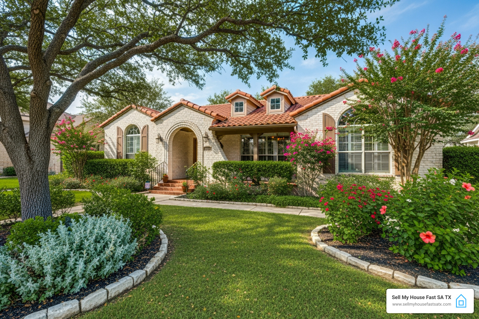 San Antonio home exterior with well-maintained landscaping - sell a house with mortgage