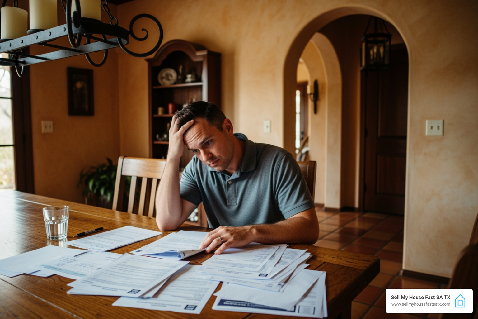Stressed San Antonio homeowner reviewing mortgage bills - Sell My House Fast SA TX offers solutions - sell a house with mortgage