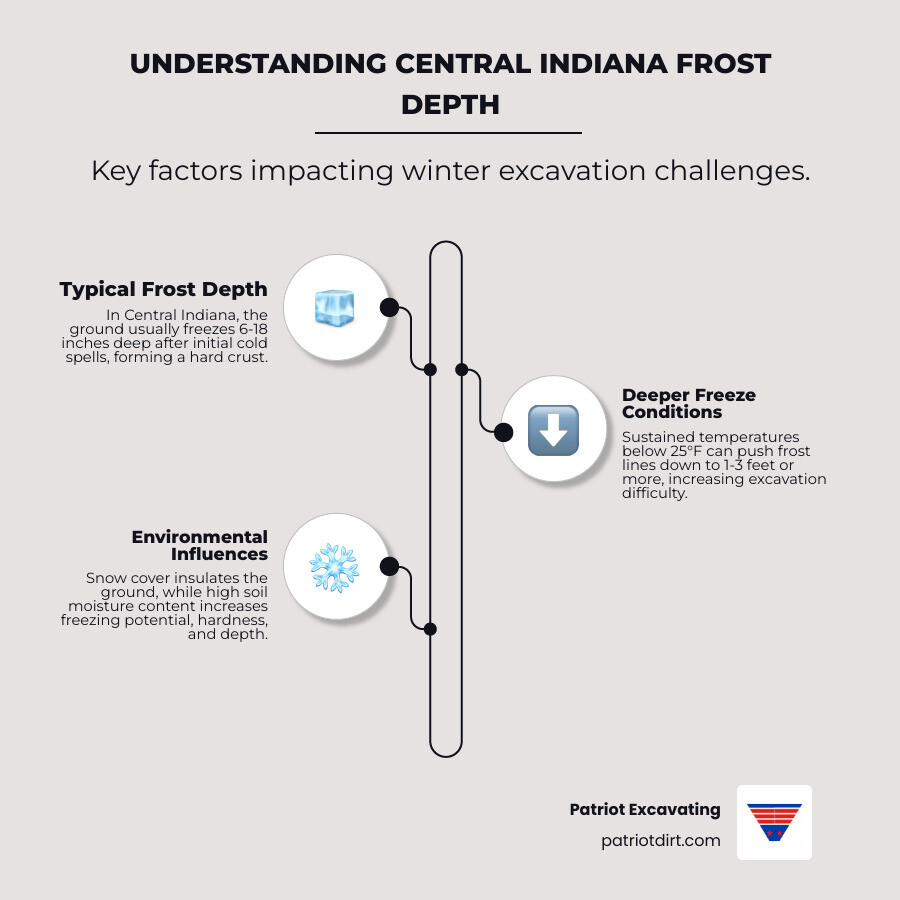 infographic showing frost depth penetration in Central Indiana soil, comparing temperatures below 25°F freezing soil 1-3 feet down versus typical 6-12 inch freeze after one week of sub-freezing weather, with layers showing frozen crust, workable soil beneath, and factors affecting depth including snow cover insulation, soil moisture content, and duration of cold temperatures - trenching frozen ground infographic infographic-line-3-steps-elegant_beige infographic showing frost depth penetration in Central Indiana soil, comparing temperatures below 25°F freezing soil 1-3 feet down versus typical 6-12 inch freeze after one week of sub-freezing weather, with layers showing frozen crust, workable soil beneath, and factors affecting depth including snow cover insulation, soil moisture content, and duration of cold temperatures - trenching frozen ground infographic infographic-line-3-steps-elegant_beige