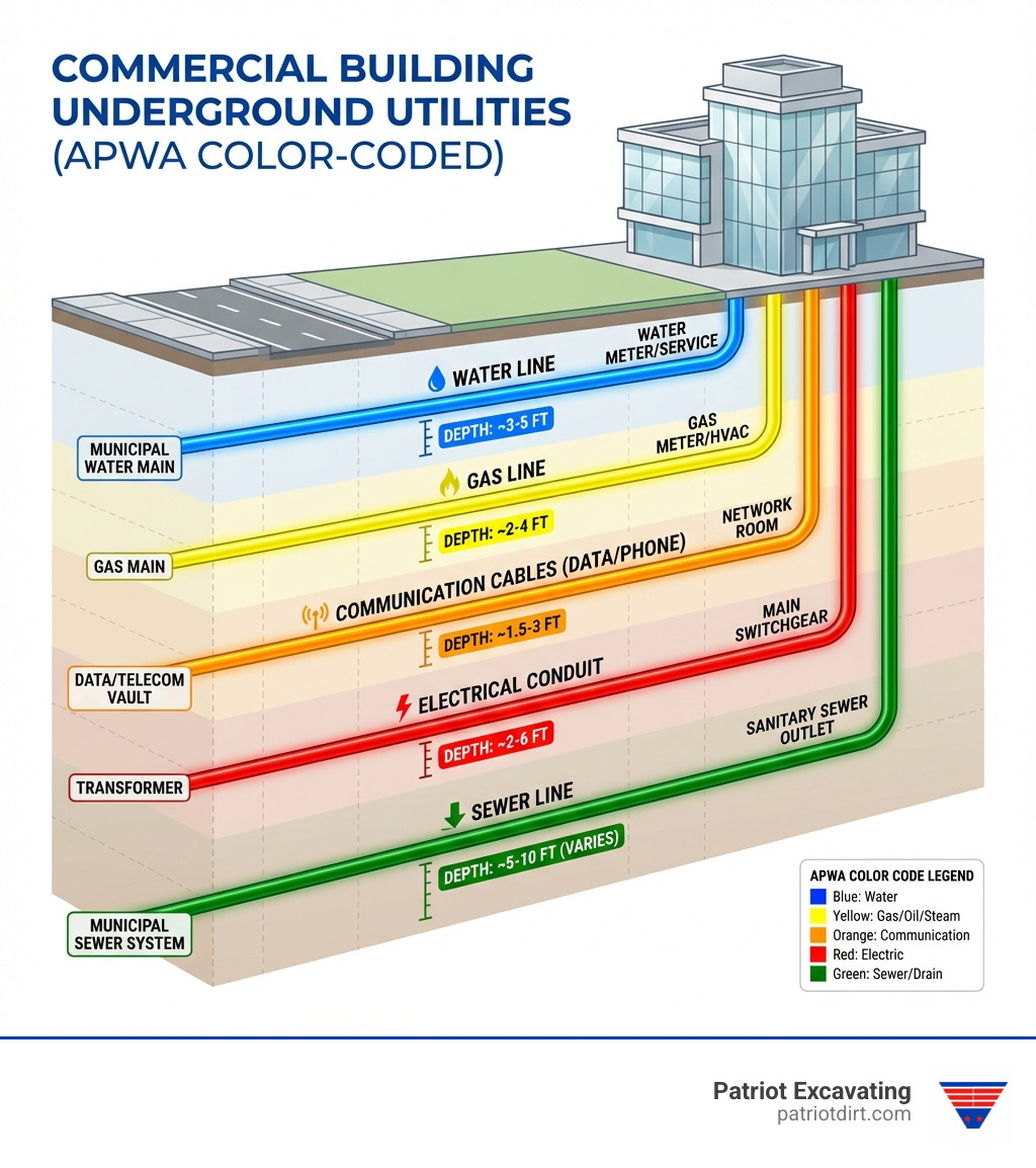 Infographic showing the various types of underground utilities running into a commercial building: water lines entering from the street, sewer lines connecting to municipal systems, electrical conduits bringing power from transformers, gas lines routing to building equipment, and communication cables for data and phone services, all clearly labeled with depth indicators and color-coded according to APWA standards - commercial utility excavation infographic 