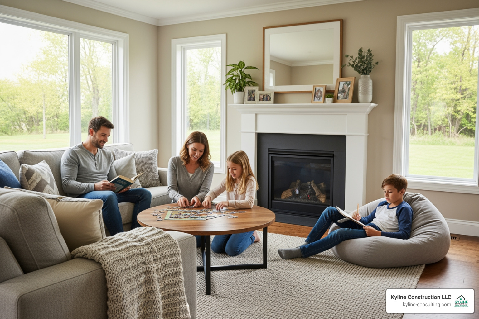 A family enjoying a comfortable, bright living room with new picture windows. - federal window replacement program application A family enjoying a comfortable, bright living room with new picture windows. - federal window replacement program application