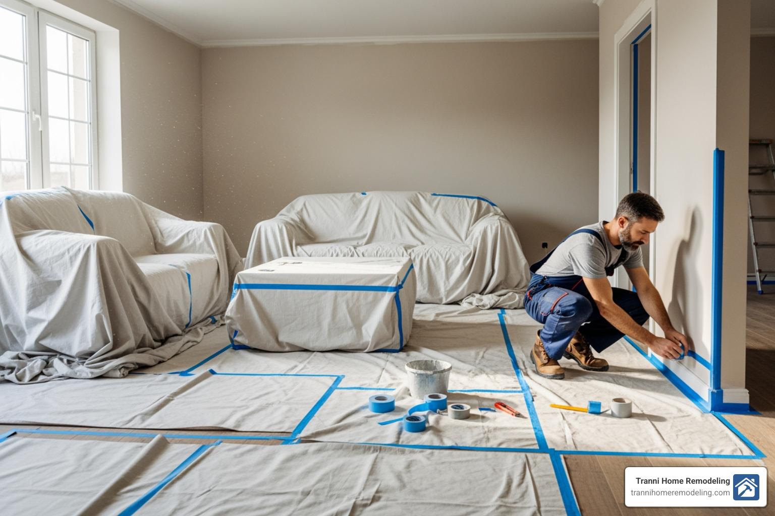 Contractor carefully preparing a room by covering furniture and floors with drop cloths and painter's tape - Plastering and Painting Service