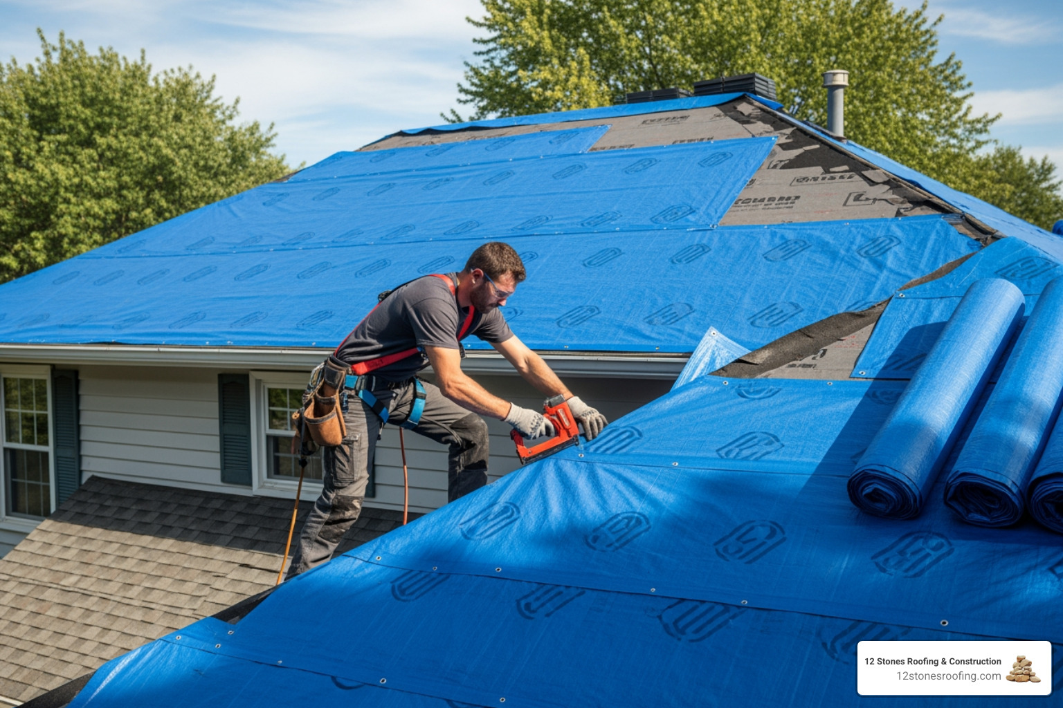 Professional roofer securing a blue tarp on a damaged roof - Pasadena storm roof damage