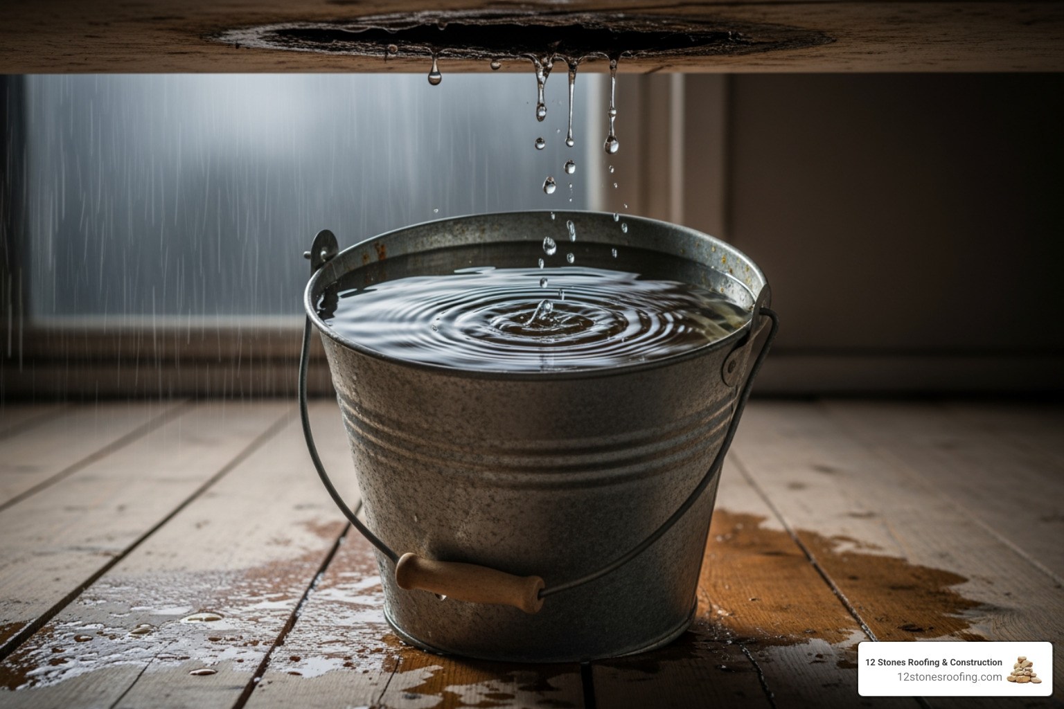 A bucket catching water from a ceiling leak during a storm - Pasadena storm roof damage