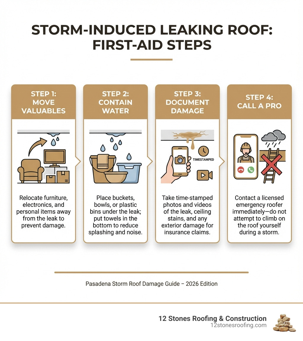 Infographic showing first-aid steps for a leaking roof during a storm: Step 1 - Move Valuables: Relocate furniture, electronics, and personal items away from the leak to prevent damage. Step 2 - Contain Water: Place buckets, bowls, or plastic bins under the leak; put towels in the bottom to reduce splashing and noise. Step 3 - Document Damage: Take time-stamped photos and videos of the leak, ceiling stains, and any exterior damage for insurance claims. Step 4 - Call a Pro: Contact a licensed emergency roofer immediately—do not attempt to climb on the roof yourself during a storm. - Pasadena storm roof damage infographic 