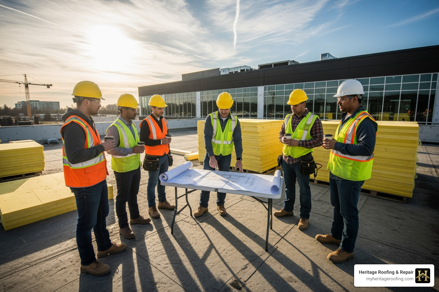 Image of a roofing crew conducting a safety meeting on a commercial job site - benton commercial roofing contractor