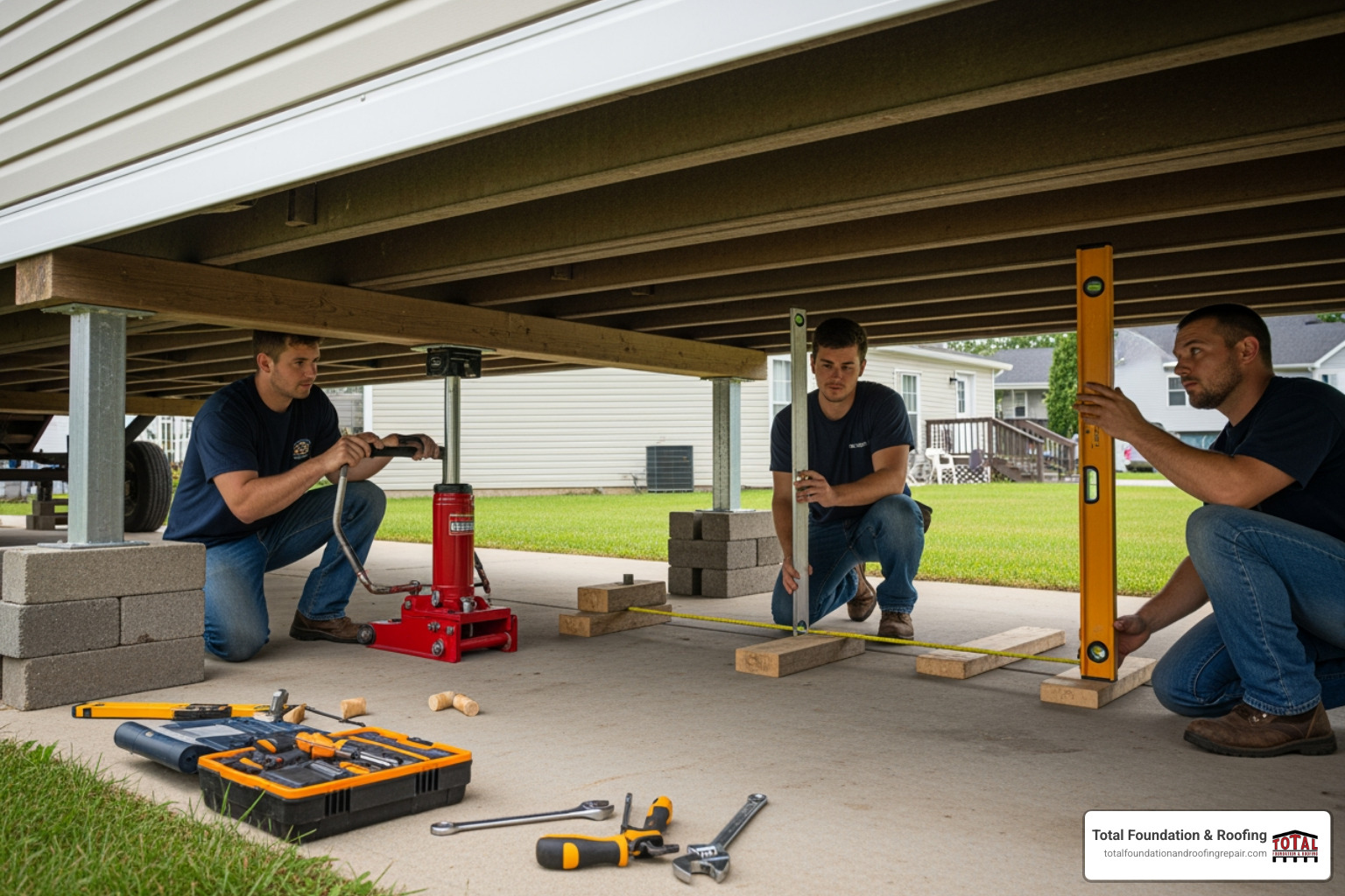 professional contractors using specialized equipment for mobile home leveling - trailer house leveling near me