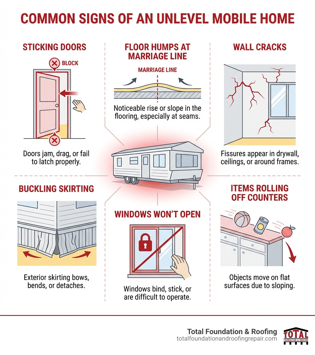 infographic showing common signs of unlevel mobile home with illustrations of sticking doors, floor humps at marriage line, wall cracks, buckling skirting, windows that won't open, and items rolling off counters - trailer house leveling near me infographic 