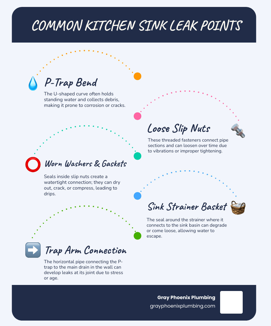 Infographic showing the most common kitchen sink drain leak points: the P-trap bend where water pools, slip nuts connecting pipe sections, rubber washers and gaskets at joints, the sink strainer basket, and the trap arm connection to the wall pipe - Kitchen sink drain repair infographic infographic-line-5-steps-blues-accent_colors