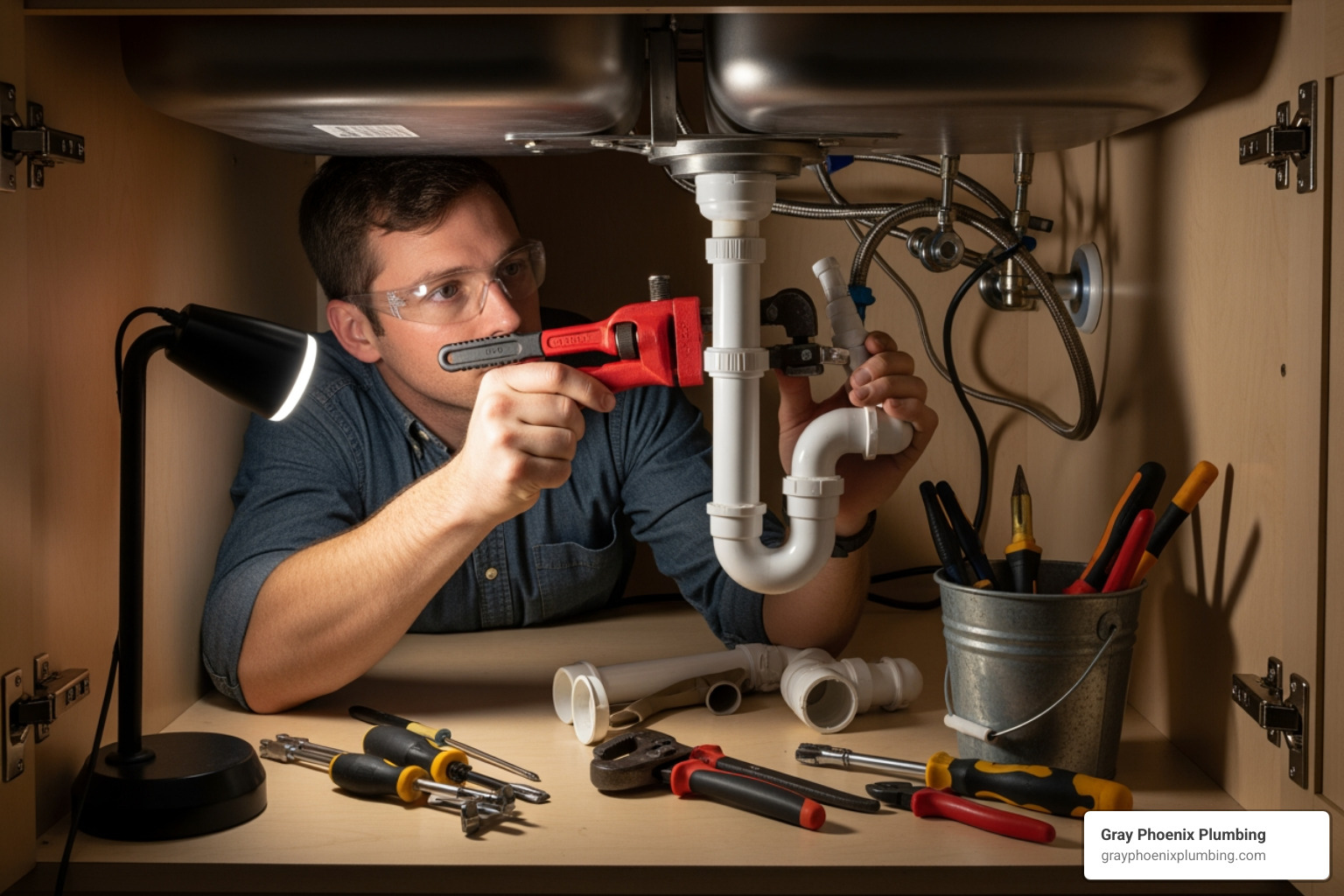 person repairing kitchen sink drain - Kitchen sink drain repair