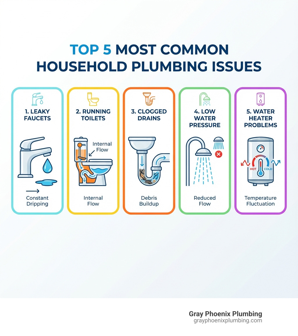 Infographic showing the top 5 most common household plumbing issues: leaky faucets dripping water, running toilets with internal mechanisms visible, clogged drains with debris buildup, low water pressure from a showerhead, and water heater problems with temperature fluctuations - General Plumbing & Fixture Repair infographic Infographic showing the top 5 most common household plumbing issues: leaky faucets dripping water, running toilets with internal mechanisms visible, clogged drains with debris buildup, low water pressure from a showerhead, and water heater problems with temperature fluctuations - General Plumbing & Fixture Repair infographic