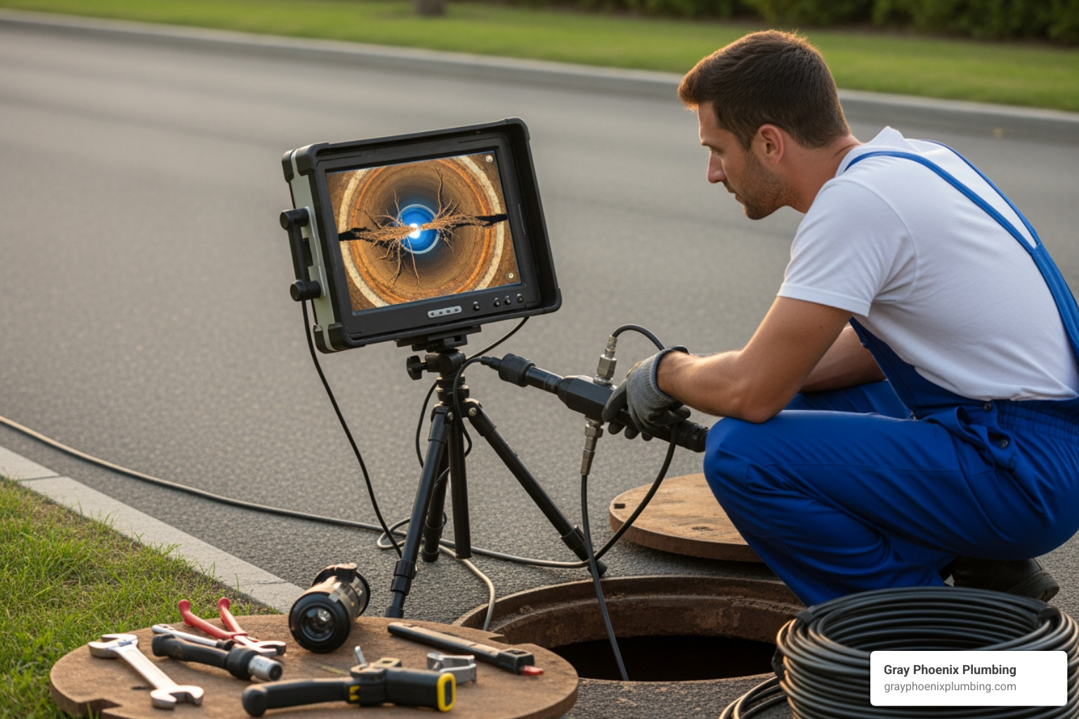 A plumber using a sewer camera inspection tool on a monitor, showing a live feed of the pipe's interior. - Sewer line repair Denver A plumber using a sewer camera inspection tool on a monitor, showing a live feed of the pipe's interior. - Sewer line repair Denver