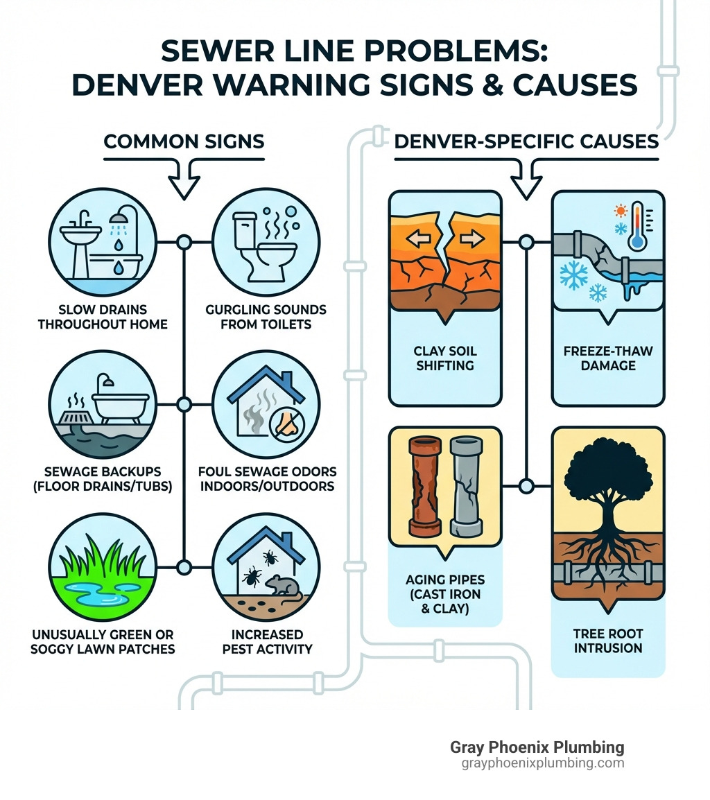 Infographic showing common signs of sewer line problems: slow drains throughout the home, gurgling sounds from toilets, sewage backups in floor drains or tubs, foul sewage odors indoors or outdoors, unusually green or soggy patches in the lawn, and increased pest activity. Also highlights Denver-specific causes including clay soil shifting, freeze-thaw damage, aging cast iron and clay pipes, and tree root intrusion from mature trees. - Sewer line repair Denver infographic Infographic showing common signs of sewer line problems: slow drains throughout the home, gurgling sounds from toilets, sewage backups in floor drains or tubs, foul sewage odors indoors or outdoors, unusually green or soggy patches in the lawn, and increased pest activity. Also highlights Denver-specific causes including clay soil shifting, freeze-thaw damage, aging cast iron and clay pipes, and tree root intrusion from mature trees. - Sewer line repair Denver infographic